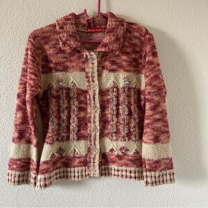 Allen Cooper Artsy cable Knit panel cardigan sweater Women’s Large collared neck